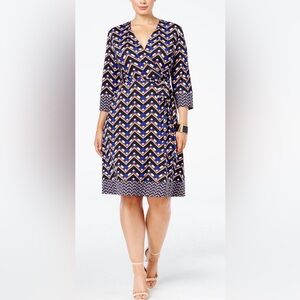 INC International Concepts Navy & Beige Chevron Wrap Dress Size L